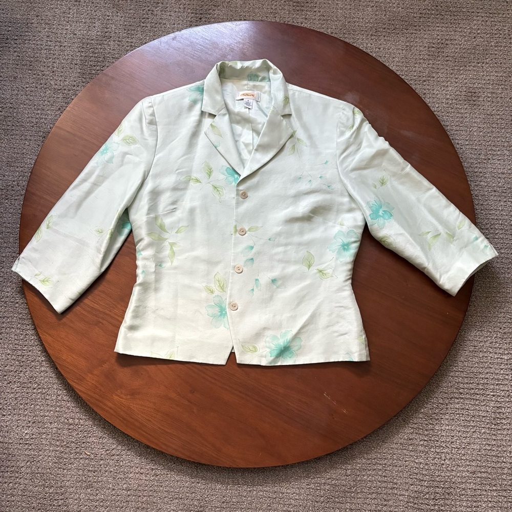 Vintage Talbots Blazer Light Green Floral Women's Size 6 100% Silk Shoulder Pads